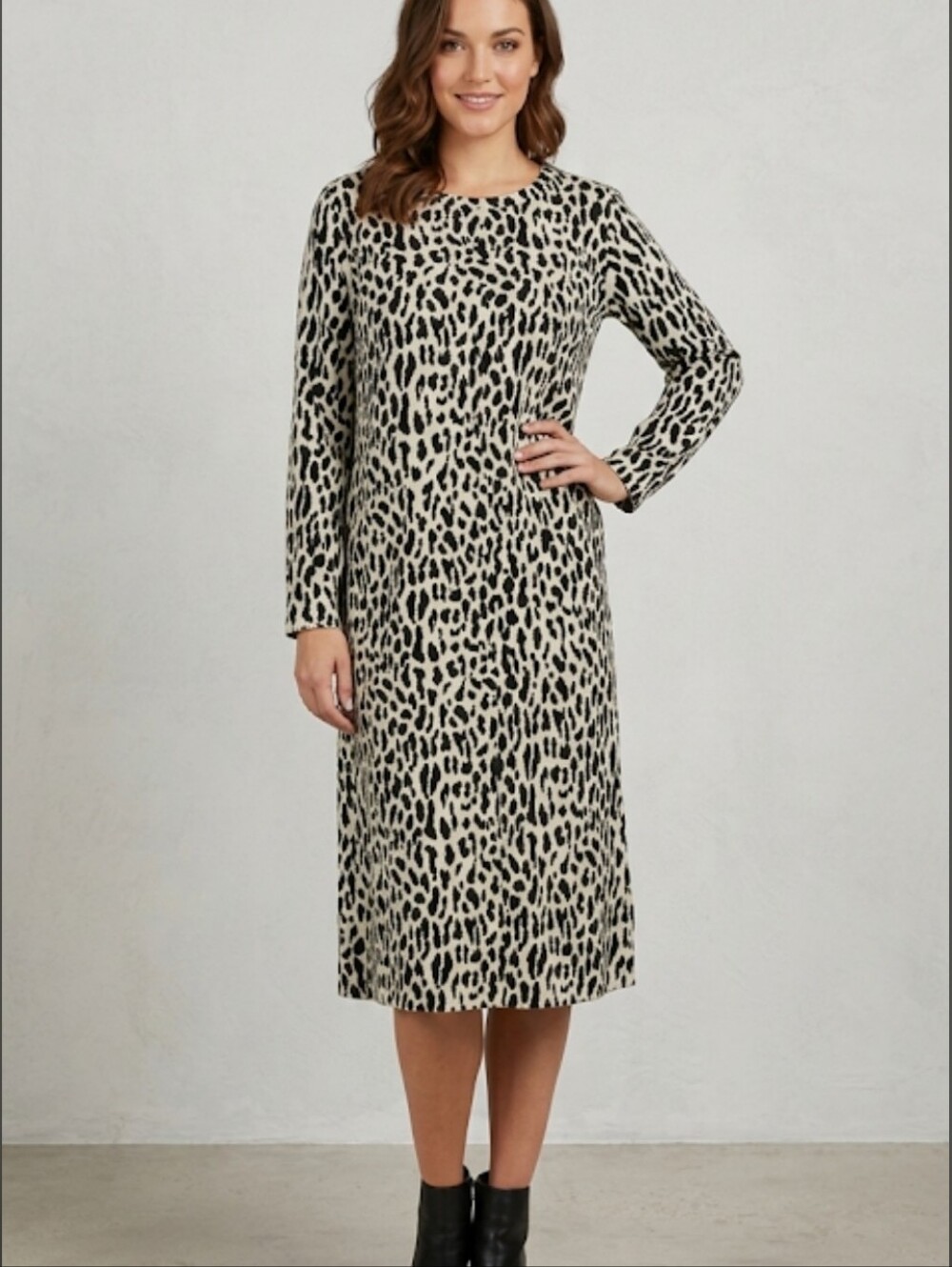 LOFT Petite Leopard Animal Print Long Sleeve Midi Sweater Dress MP Medium P